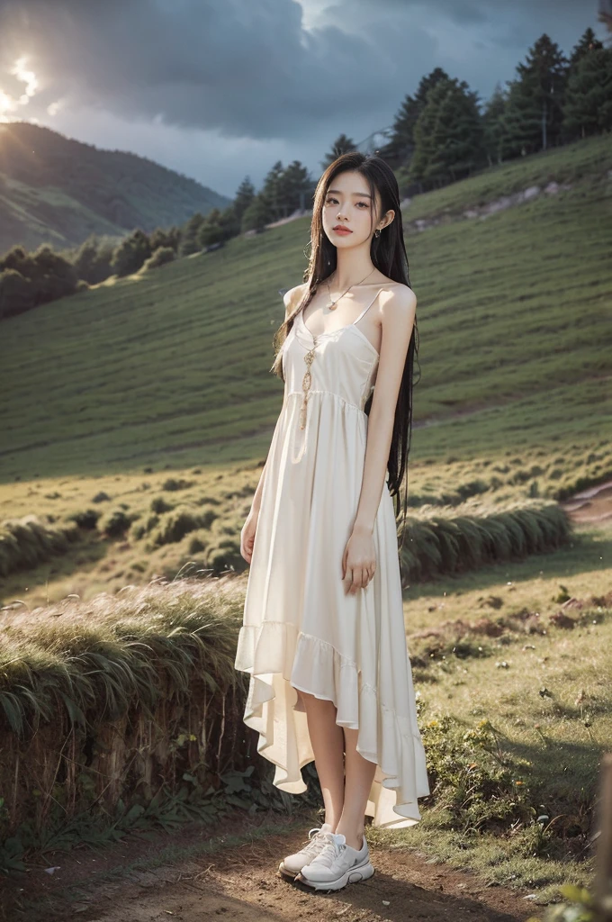 (((best quality))),(((ultra detailed))),(((masterpiece))),illustration,((1 beautiful girl,solo)),((slim,thin,flat chest)),(shoulder length straight hair:1.2),flowing hair,fair skin,(shiny skin:1.3),detailed eyes,laughing,(shirt-dress:1.3),delicate necklace,grass,dewdropletts,trees,bird chirping,serenity,gratitude,awe,wonders of nature,peace,contentment,magnificent world,summer,(pitch-dark dawn:1.5),(night scene:1.3),((full body,from front)),after rain,(wet:1.3),standing,on the path,At the mountaintop,confident gaze,elegant posture,mysterious atmosphere,solemn mood,dawn approaching,detailed decorations,(sunrise:1.3),(cloudy sky:1.2),rainbow,(Rural Landscape:1.2),horizon,slender legs,sneakers