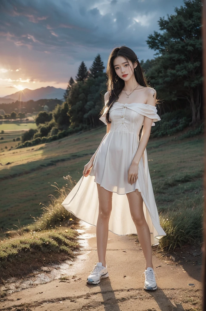 (((best quality))),(((ultra detailed))),(((masterpiece))),illustration,((1 beautiful girl,solo)),((slim,thin,flat chest)),(shoulder length straight hair:1.2),flowing hair,fair skin,(shiny skin:1.3),detailed eyes,laughing,(shirt-dress:1.3),delicate necklace,grass,dewdropletts,trees,bird chirping,serenity,gratitude,awe,wonders of nature,peace,contentment,magnificent world,summer,(pitch-dark dawn:1.5),(night scene:1.3),((full body,from front)),after rain,(wet:1.3),standing,on the path,At the mountaintop,confident gaze,elegant posture,mysterious atmosphere,solemn mood,dawn approaching,detailed decorations,(sunrise:1.3),(cloudy sky:1.2),rainbow,(Rural Landscape:1.2),horizon,slender legs,sneakers