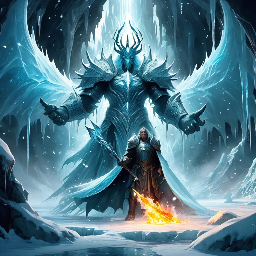 "High in the frozen peaks, amidst a temple encased in ice and shrouded in ancient magic, the Ice King awakens from centuries of slumber. As the eternal winter spreads from his domain, chilling the hearts of mortals and freezing the land in its grasp, whispers of a long-forgotten prophecy resurface. It speaks of a hero destined to challenge the Ice King's dominion, armed with a relic of fire that can thaw the coldest of hearts and melt the icy prison holding the kingdom in thrall.
Against a backdrop of swirling snowstorms and treacherous ice caverns, the hero embarks on a perilous quest. Alongside loyal companions and guided by cryptic visions, they must navigate through enchanted puzzles, confront elemental guardians, and ultimately face the Ice King himself in a battle that will determine the fate of the realm. Will the hero's courage and the power of fire be enough to break the icy curse and restore warmth and light to a land trapped in eternal winter