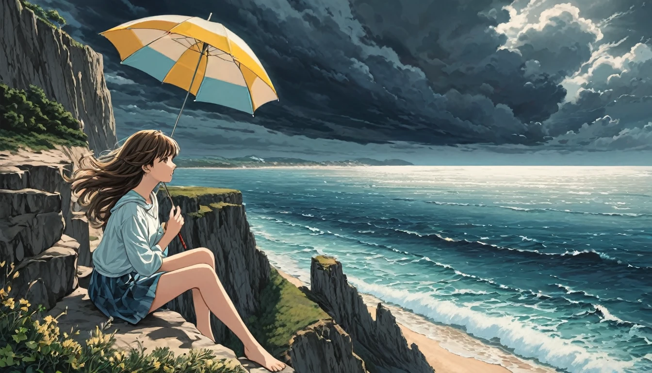 Sea with waves. A sky with dark clouds. A beautiful beach with cliffs. A 16-year-old girl sits precariously on a high cliff with an umbrella. Her girl's hair blows in the wind. Five pretty fingers.