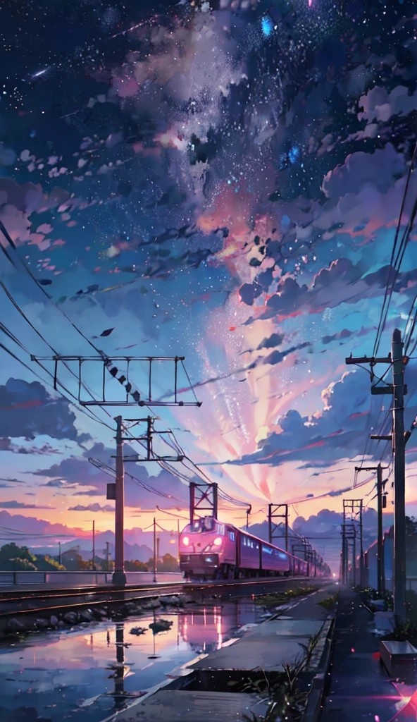 Anime train crossing track in sky background, beautiful and harmonious scene, exquisite animation, rich details (width is 672), high quality, clarity 4k, artistic 4k wallpaper, stunning anime landscape, 8k art wallpaper.