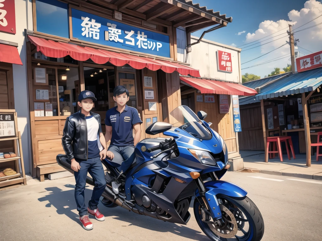In front of the noodle shop, a navy blue motorcycle is in front.