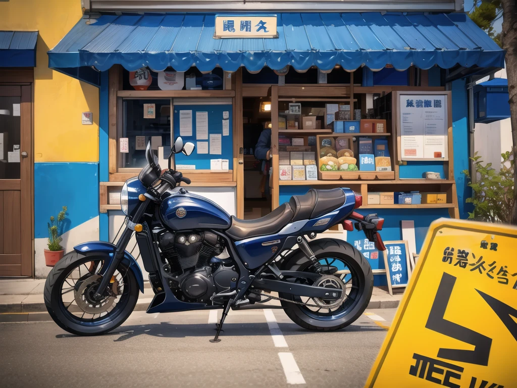 In front of the noodle shop, a navy blue motorcycle is in front.