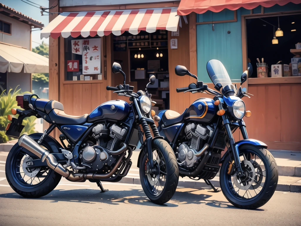 In front of the noodle shop, a navy blue motorcycle is in front.