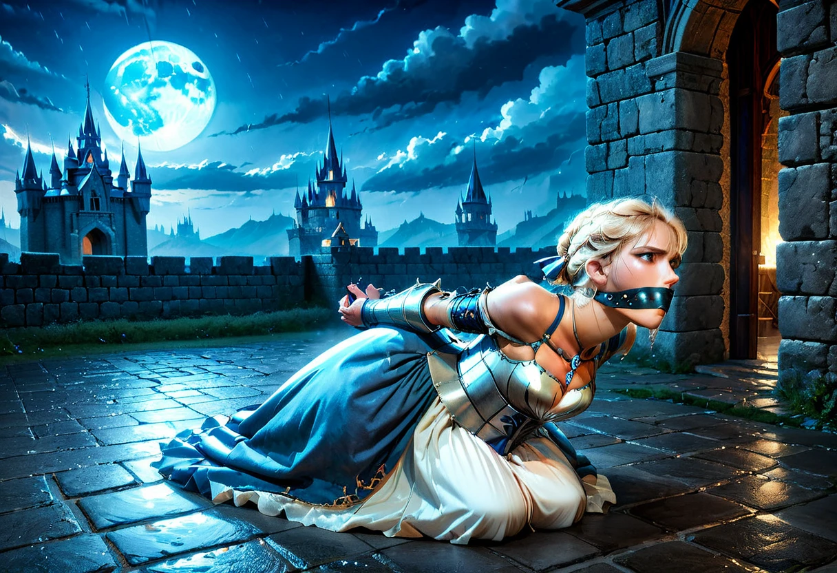 Graphics novel illustration, best quality, high resolution, 8k aesthetic, mesmerizing celestial moonlight, 
Over the walls of a large castle. A beautiful young woman in an ArmoredDress hogtied, laying on stomach, feet together, (otm gag:1.5). Large walls in the background, bound with iron rope. The cloudy sky breaking to reveal the blue moon. Rain is pouring across the landscape as heavy wind blows the banners at the crenellations. lightning strikes in the background directly  hyper realistic. Epic scene like a dream. The world is majestic and darkess is about to prevail. Beautiful masterpiece of art.. beautiful contrast of the light along the walls which has an incredible reflection. Laying on walls. dress made of iron on the female. high aspect ratio. beautiful composition. detailed textures. beautiful detailed moon. 