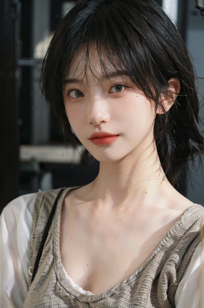 1 girl,short hair,A faint smile,serene, calm,Vest,Moles under the eyes,Exquisite eyes, Delicate face,Lipstick,earrings,Hair details, (Large Breasts:1.0),outdoor,background,城市background,(Skin details:1.4),(Realistic and detailed eyes:1.2), Natural skin texture, Realistic facial details,Close-up of face,Portrait Photography,(Portrait Photography:1.1), (smooth skin textures:1.3), (Highest quality real skin textures:1.4), Direct vision,Soft dramatic lighting, Vivid details, 35 mm film, (Photo Practical:1.4), (hyper Practical:1.4), (Practical:1.3), (Smoother lighting:1.05), (Improve lighting quality:0.9), (Enhance the beauty of skin texture:1.1), Depth of Field, Bokeh, Surrealism, Ray Tracing, ( Surrealism, High Detail, Chiaroscuro, Ray Tracing, reflected light, Ultra HD, Ultra HD, masterpiece, Textured Skin, Super Detail, High Detail, high quality, best quality