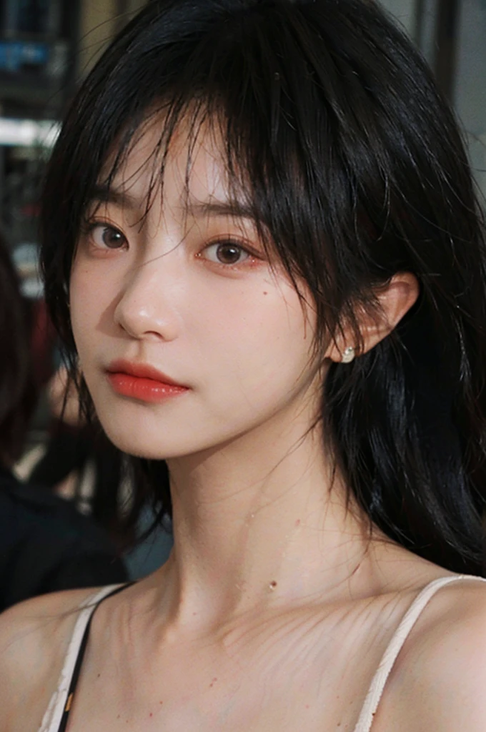 1 girl,short hair,A faint smile,serene, calm,Vest,Moles under the eyes,Exquisite eyes, Delicate face,Lipstick,earrings,Hair details, (Large Breasts:1.0),outdoor,background,城市background,(Skin details:1.4),(Realistic and detailed eyes:1.2), Natural skin texture, Realistic facial details,Close-up of face,Portrait Photography,(Portrait Photography:1.1), (smooth skin textures:1.3), (Highest quality real skin textures:1.4), Direct vision,Soft dramatic lighting, Vivid details, 35 mm film, (Photo Practical:1.4), (hyper Practical:1.4), (Practical:1.3), (Smoother lighting:1.05), (Improve lighting quality:0.9), (Enhance the beauty of skin texture:1.1), Depth of Field, Bokeh, Surrealism, Ray Tracing, ( Surrealism, High Detail, Chiaroscuro, Ray Tracing, reflected light, Ultra HD, Ultra HD, masterpiece, Textured Skin, Super Detail, High Detail, high quality, best quality