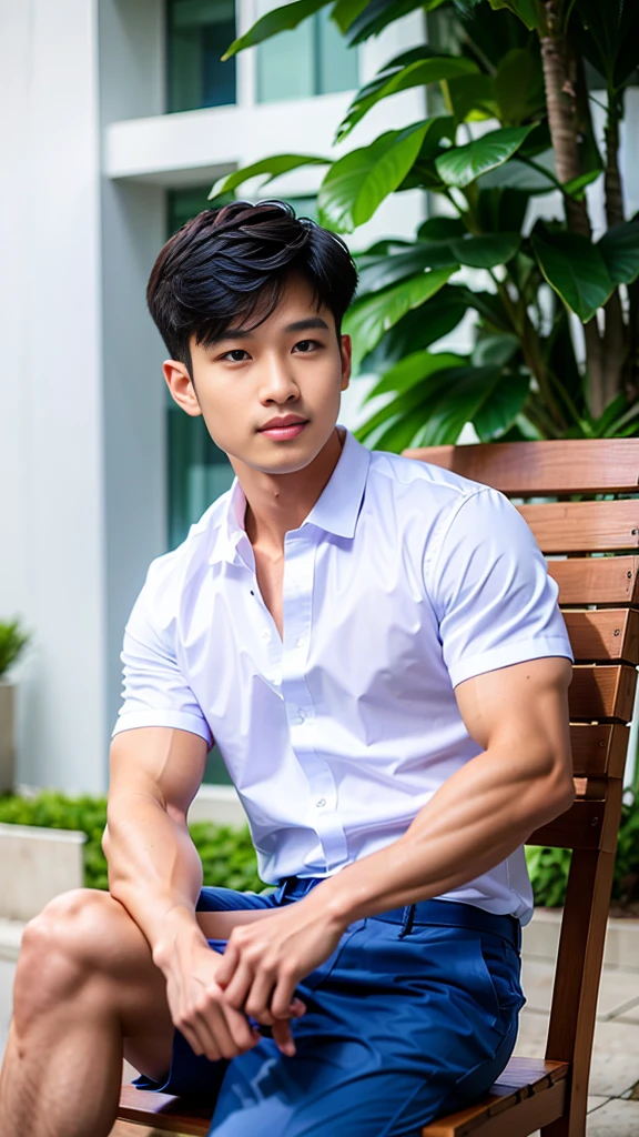 Masterpiece, best quality, High quality, วอลล์เปเปอร์ CG unity 8k ที่มีvery detailed, depth of field, HDR,,photorealistic,very detailed, 1 man sitting on a chair, Asia, black short hair, , (Thai , white shirt), blue cargo shorts, chest muscles, Big arm muscles, blood vessel, big muscles, Broad shoulders, looking at the audience, Balancing the eyes, (Make eye contact) (outside the building:1.3)