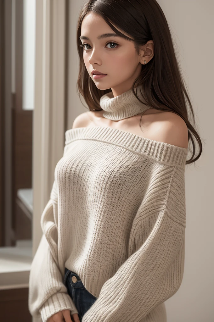 ((best qualityer)), ((work of art)), (detailded), 1 girl, shoulder to shoulder sweater,