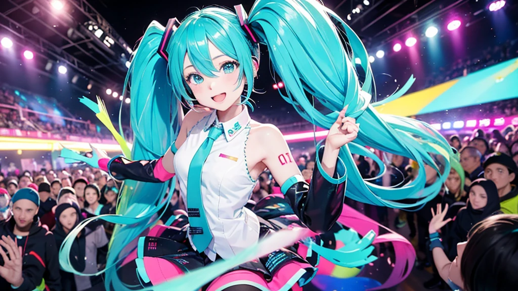 This painting depicts an active and colorful dance party scene featuring Hatsune Miku.。She was dancing in the center of the dance floor、Colorful neon lights are shining all around.。
