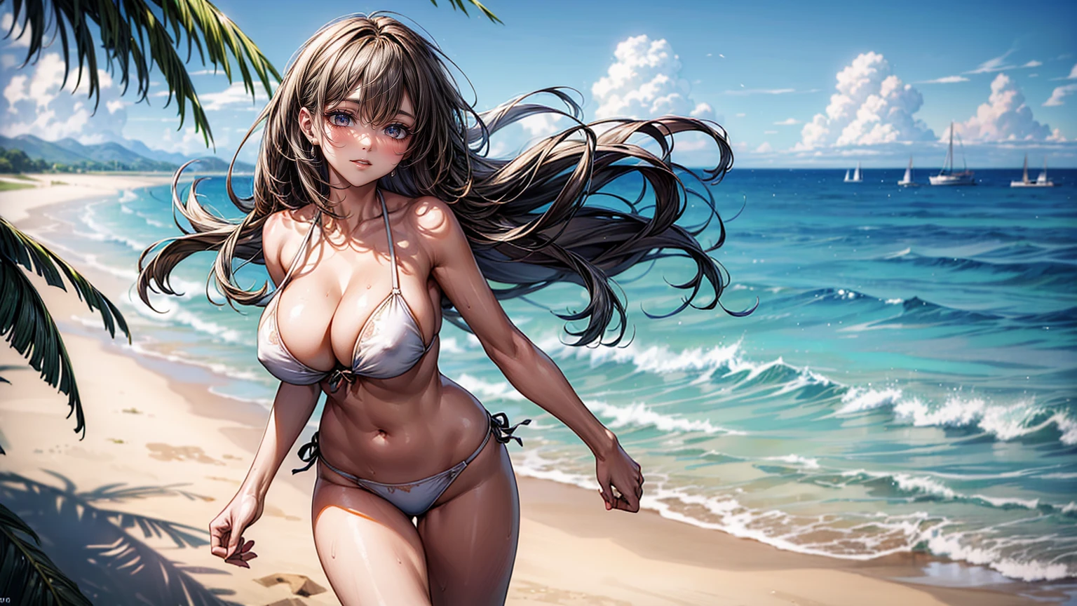 (masterpiece, Highest quality, Super detailed:1.3), Perfect composition, 4K, (Very detailed, Super detailed), bikini、横縞模様のbikini, High resolution, 8k Texture, Attention to detail, Very detailed肌の質感, Magnificent details, High Sharpness, Two Girls, (Fine grain:1.3), (25-year-old woman:1.3), (skinny), (Big Breasts), Bright beach,、smile、(Running towards the sea)、View Viewer、reach for the viewer