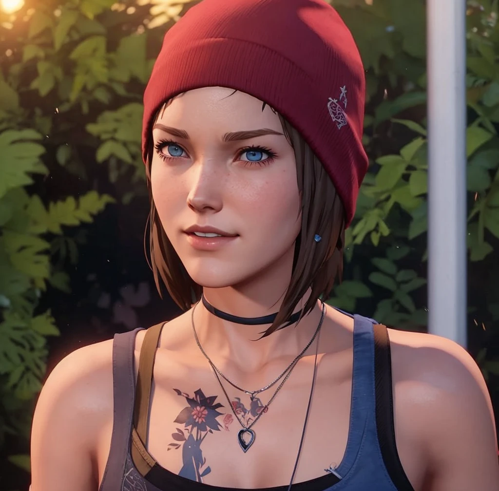 <lora:chloePriceLifeIs_10:1> (chloeprice:1.4) masterpiece, best quality, high quality, extremely detailed CG unity 8k wallpaper, (blue short hair:1.2), (detailed brown eyes,:1.2) (beautiful detailed face:1.2), hyperrealistic, ultra detailed, (Black beanie:1.1), (red shirt:1.1), choker, (one tatto on right hand:1.1),