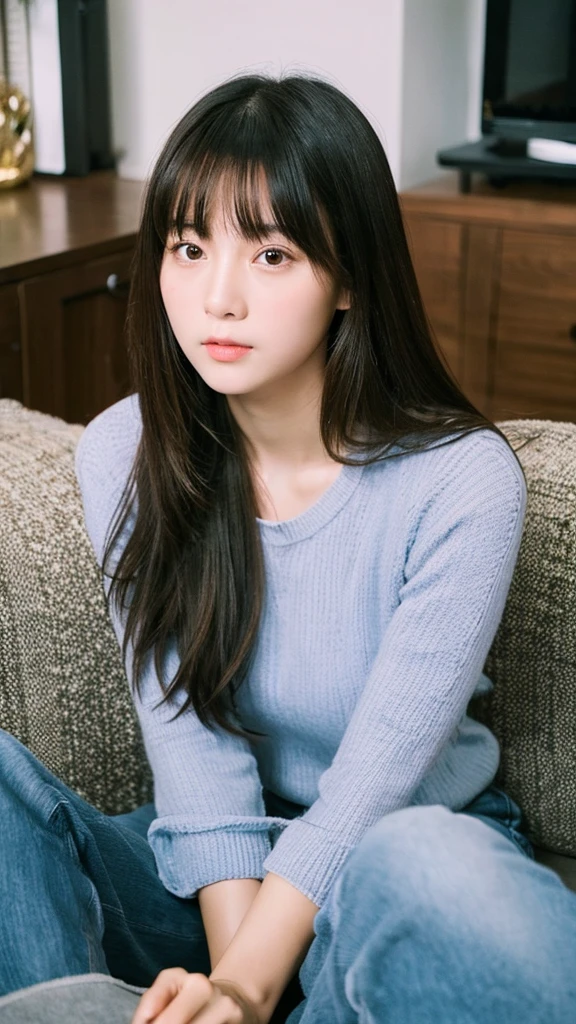 1 Girl, Chinese Face,Plump and plump,Sitting on the sofa,Bangs, Long hair