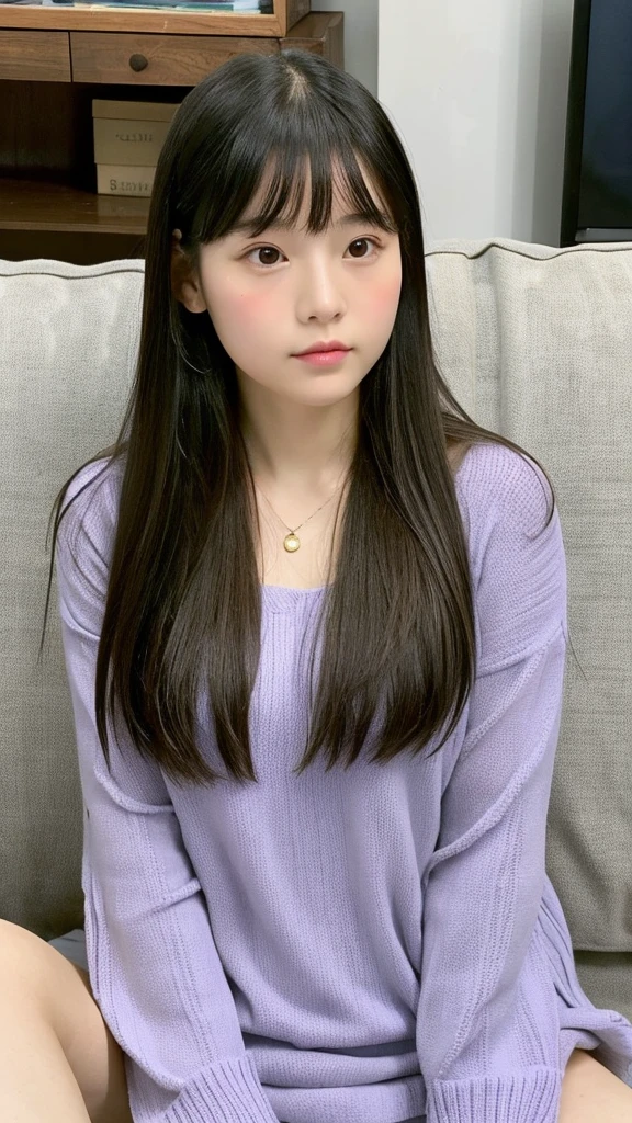 1 Girl, Chinese Face,Plump and plump,Sitting on the sofa,Bangs, Long hair