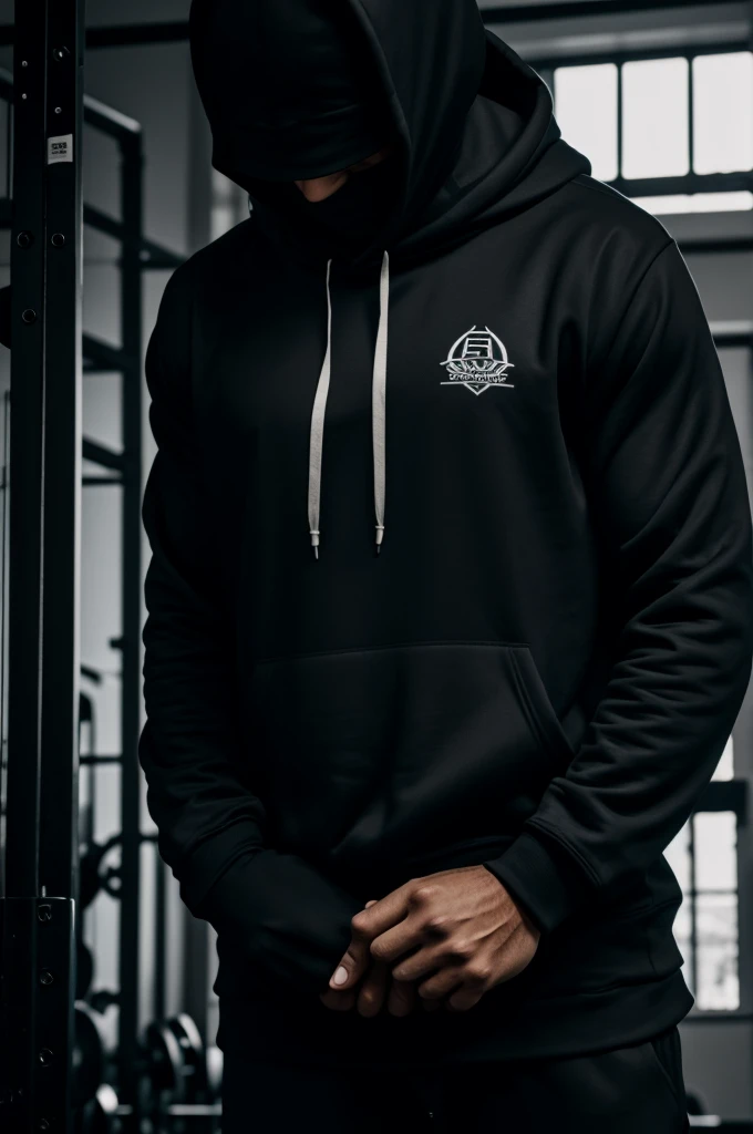 Create a dark picture of a man in the gym, training, no face, hoodie
