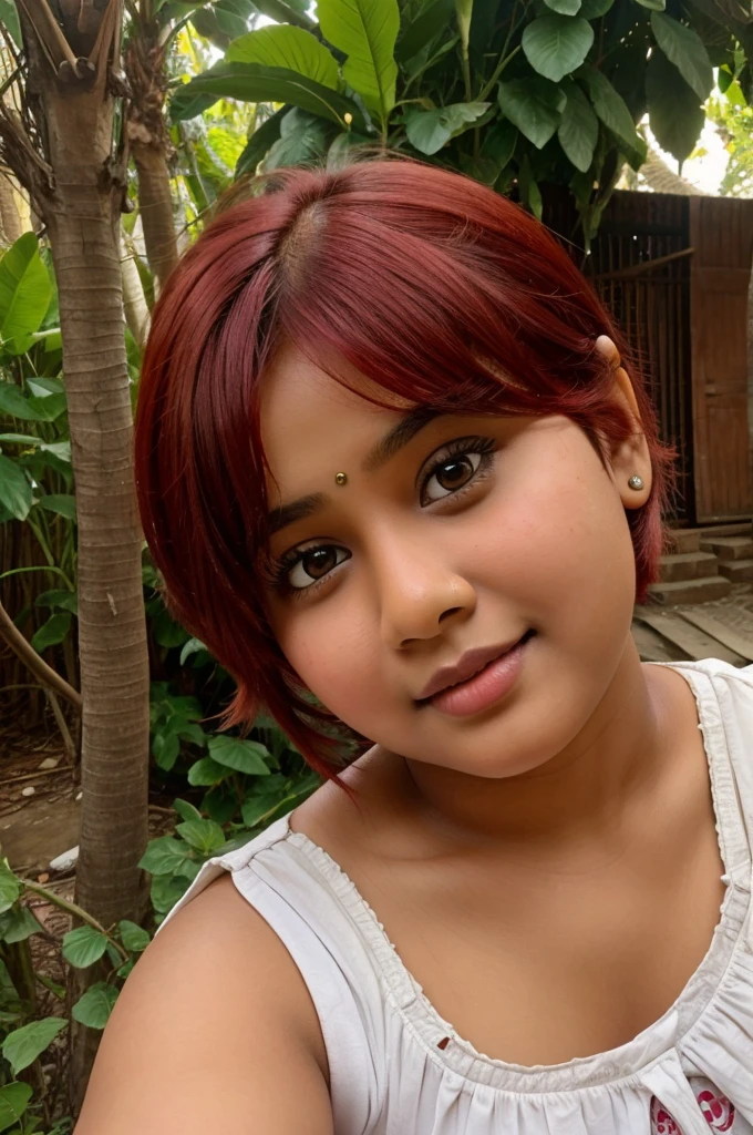 Selfie of a young chubby Indian girl with short red hair and fair complexion