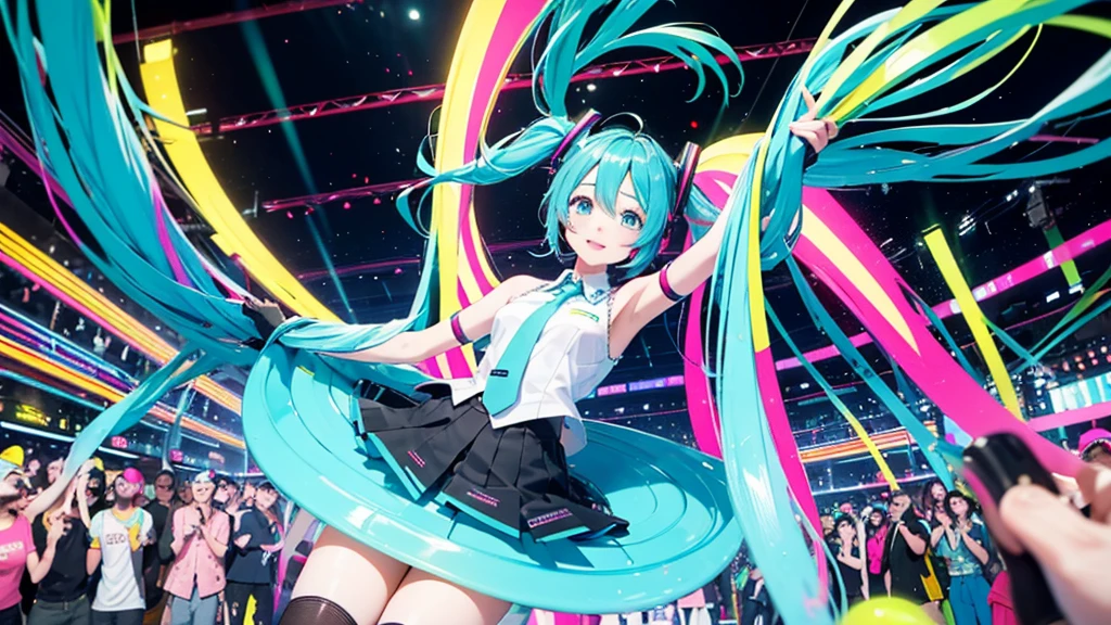 This painting depicts an active and colorful dance party scene featuring Hatsune Miku.。She was dancing in the center of the dance floor、Colorful neon lights are shining all around.。