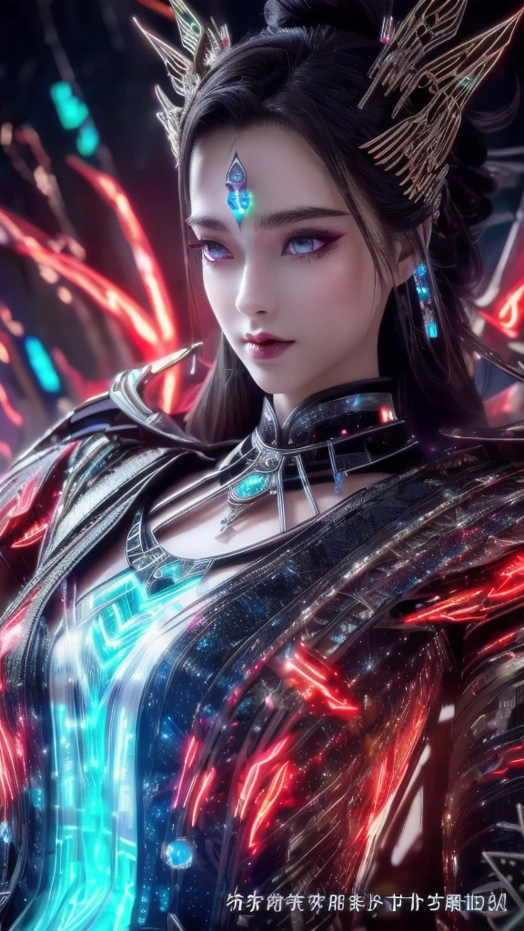 Superior quality, tmasterpiece, A high resolution, ((Photorealist: 1.4), photo RAW, - , water, rock, black and glow, red glow crystals, - 1GIRL, WOMAN, goddess warrior, hard, ultron futuristic suit, cybersuit, glow suit, glow eyes, beautiful woman, red gliiter lip, crystals