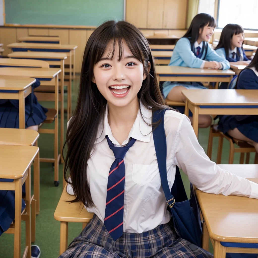 Laughing Japanese high school girl、classroom、、masterpiece, Highest quality, Photorealistic、Laugh with your mouth wide open、Smiling at the camera