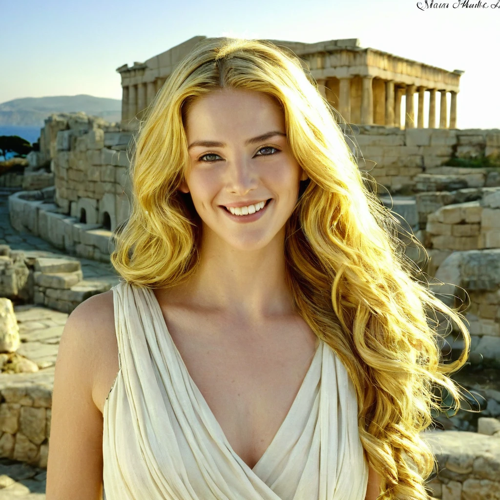 mackenna grace face, greek woman, golden hair, long hair, golden eyes, smiling, 30 years old, ancient greece, chiton, greek background, sleepy face and eyes, ancient greece buildings on background, greek hairdo, pale skin, mackenna grace photoplayer