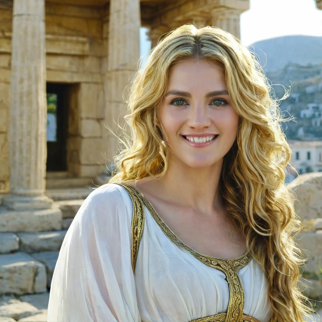 mackenna grace face, greek woman, golden hair, long hair, golden eyes, smiling, 30 years old, ancient greece, chiton, greek background, sleepy face and eyes, ancient greece buildings on background, greek hairdo, pale skin, mackenna grace photoplayer
