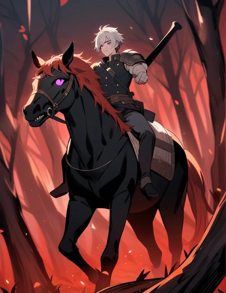 Greek boy with white hair, violet eyes, with bandaged wrists, riding black horses with red manes, in a
 red forest of dead trees