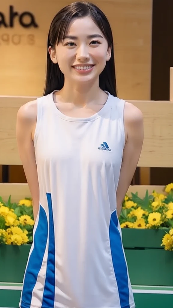 upper body, flat chest, (arms behind back:1.1), make up, sportwear, smile, long hair