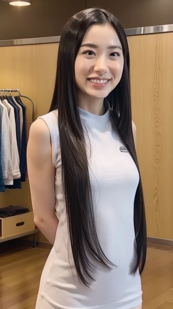 upper body, flat chest, (arms behind back:1.1), make up, sportwear, smile, long hair