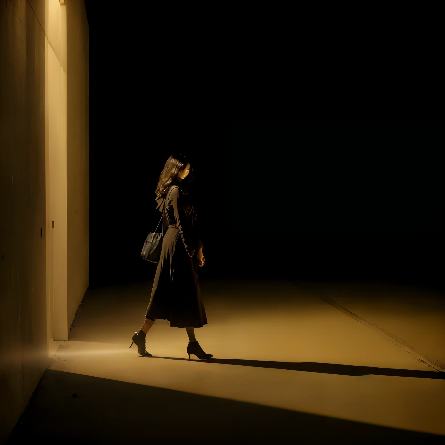arafed woman walking in a dark hallway with a bag, a woman walking, standing in a dimly lit room, woman in a dark factory, figure in the darkness, underexposed lighting, dark scene with dim light, dimly lit scene, cinematic lighting + masterpiece, in the shadows, female image in shadow, mysterious woman, a  woman