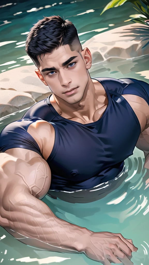 1 man,(lying on the water wall:1.6),(crew cut short hair:1.3),black eye,(Wear a fitted round neck t-shirt in navy with a police badge.:1.3),(fit neck),Navy blue jeans,(black_gloves),
Korean guy,chest muscles,large arm muscles,blood vessel,Big muscles,Broad shoulders,
open mouth,(terror terror:1.5),
middle of the road,(In the desert:1.2),(full_shot:1.6),(In the cave:1.2),(shouting:1.4),