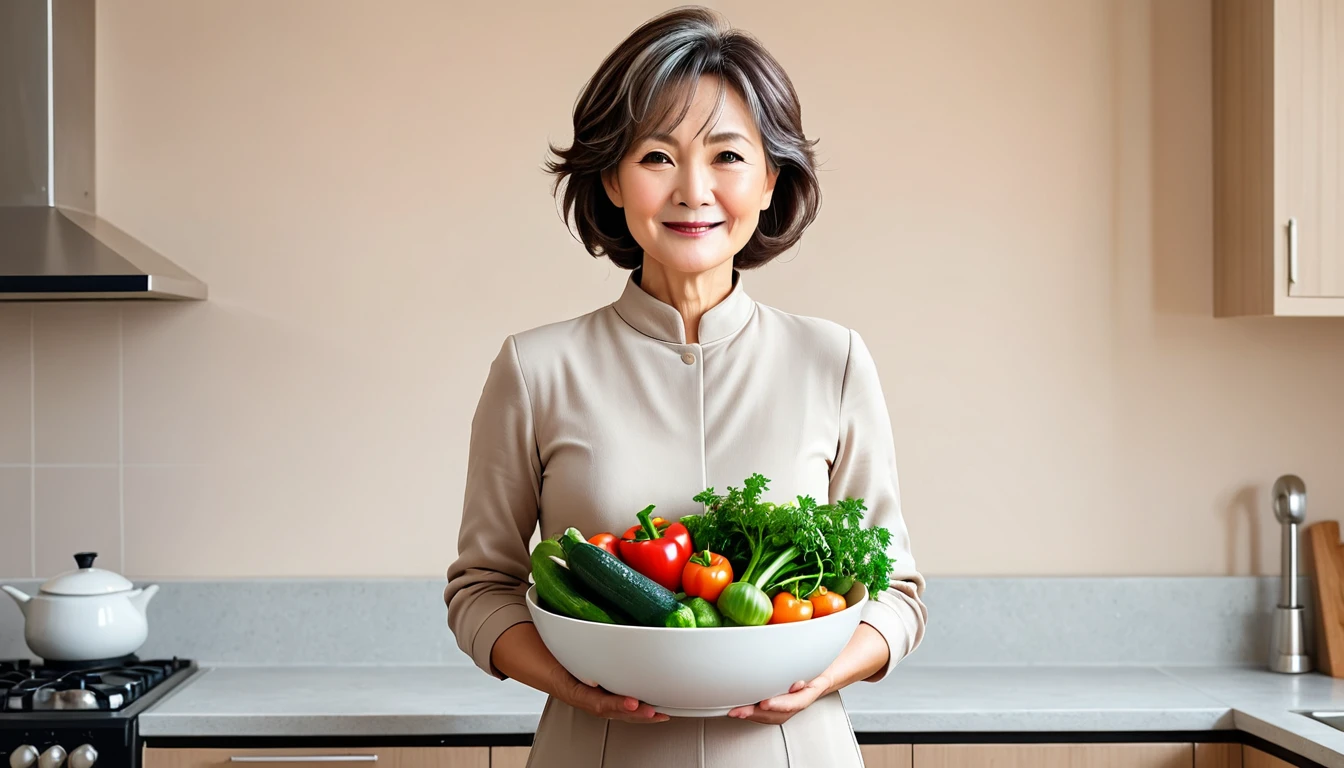 Gentle middle-aged mother,Standing posture,Slightly sideways,Holding a large white bowl of vegetables,Kind expression