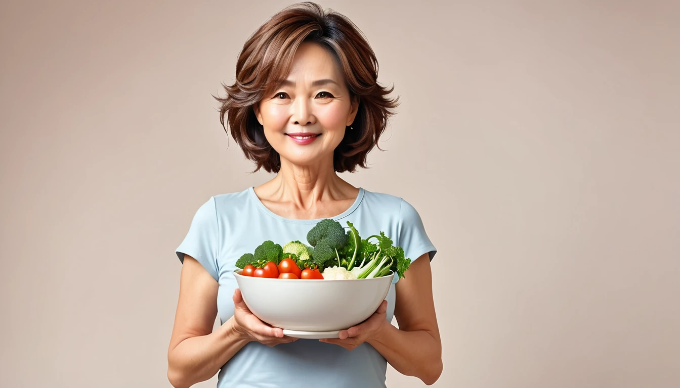 Gentle middle-aged mother，Standing posture，Slightly sideways，Holding a large white bowl of vegetables，Kind expression