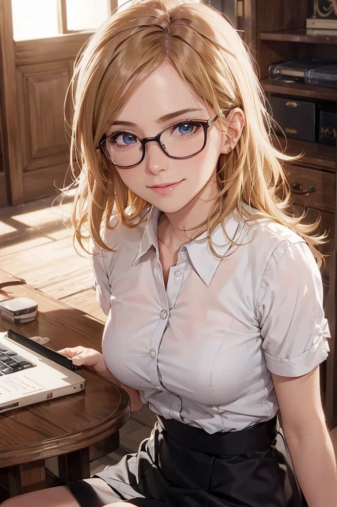 Masterpiece, 最high quality, high quality, High resolution, high quality texture, high quality shadows, High resolution, Beautiful details, Detailed CG, Detailed Texture, Realistic representation of face, Realistic, colorful, delicate, Cinematic Light, Side light, Lens flare, Ray Tracing, sharp concentrated, (1 Girl,concentrated:1.3), ( Intricate details, compensate, PureErosFaceV1:0.5), (細部まで美しいdelicateな顔, 緻密で美しいdelicateな瞳, Perfect Facial Proportions, Dense skin, Optimal ratio of four fingers to one thumb,Unified 8k wallpaper, Arms under chest, Modest chest, Wide Hips, Smooth upper abdomen, 30 years old, blue eyes, glasses,cabin attendant uniform,white blouse,tight fitting black skirt,black stockings, excellent secretary ,working as a secretary, wooden desk, wooden chair, house wife, the gaze of true love, lips of temptation, A look full of compassion ,a smile full of love, i love you, Acting lovey-dovey, air fortress hair, blonde hair, I love you so much I'm crazy,i love you