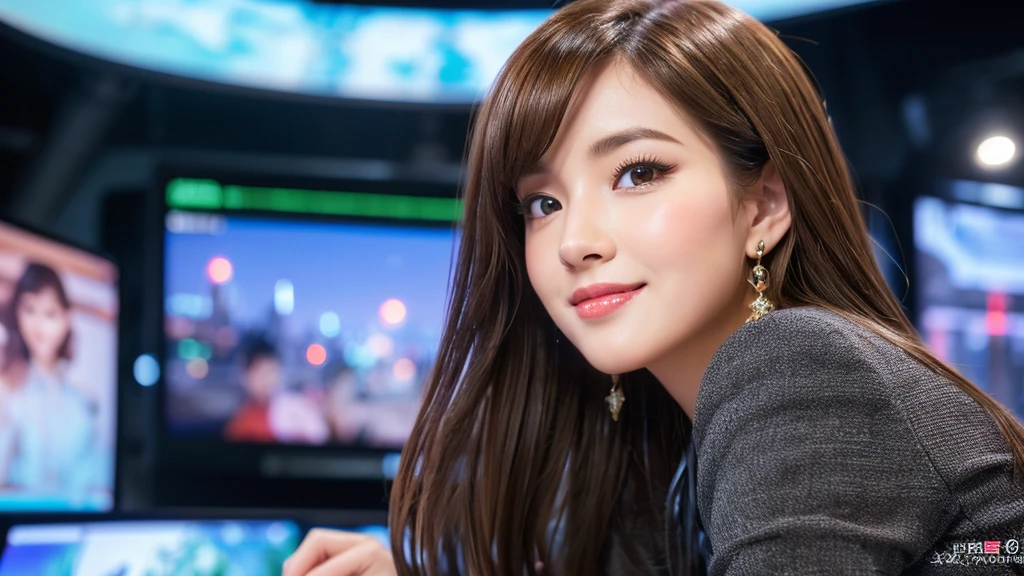 one person、female newscaster、young、beautiful、Female announcer、Shaped face contour、Long Hair、Brown Hair、Fine iris、Elegant、Sexy face、Glowing Skin、Juicy lips、An open, seductive smile、Thick eyelasheodel Body Type、Earrings、black stockings、blush、suit、Tight mini skirt、Perfect lighting、Perfect Shadow、Perfect ???????(((masterpiece))), ((highest quality)), ((Super detailed)), (CG illustration), (Very wicked and beautiful)), (Cute Desktop Face)