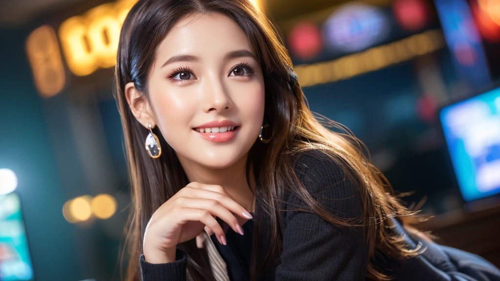 one person、female newscaster、young、beautiful、Female announcer、Shaped face contour、Long Hair、Brown Hair、Fine iris、Elegant、Sexy face、Glowing Skin、Juicy lips、An open, seductive smile、Thick eyelasheodel Body Type、Earrings、black stockings、blush、suit、Tight mini skirt、Perfect lighting、Perfect Shadow、Perfect Anatomy(((masterpiece))), ((highest quality)), ((Super detailed)), (CG illustration), (Very wicked and beautiful)), (Cute Desktop Face)
