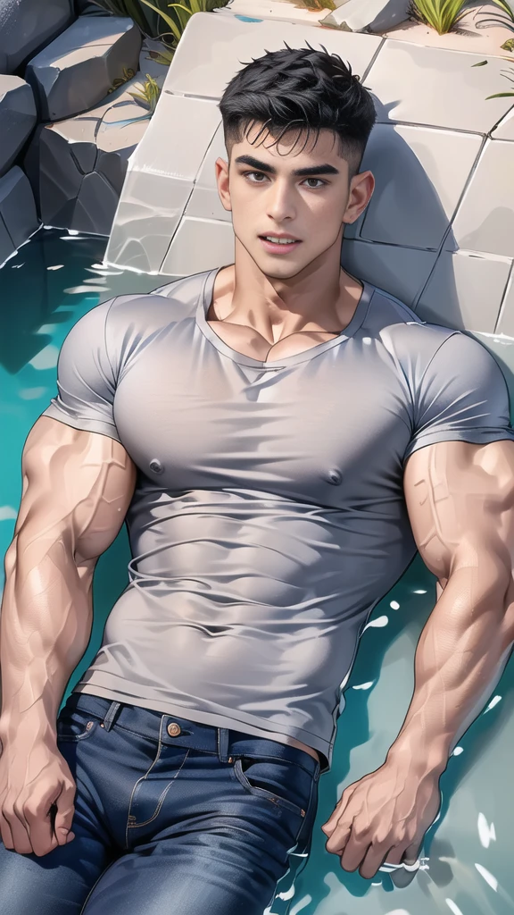 1 man,(lying on the water wall:1.6),(crew cut short hair:1.3),black eye,(Wear a fitted round neck t-shirt in navy with a police badge.:1.3),(fit neck),Navy blue jeans,(black_gloves),
Korean guy,chest muscles,large arm muscles,blood vessel,Big muscles,Broad shoulders,
open mouth,(terror terror:1.5),
middle of the road,(In the desert:1.2),(full_shot:1.6),(In the cave:1.2),(shouting:1.4),