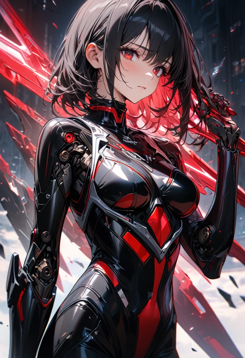 Adult girl, long black hair, red eyes, cyborg, very tight transparent batllesuit, cyber blades on hands, transparent elements, Masterpiece, best quality, Full HD, 8k, ultra details, great graphic