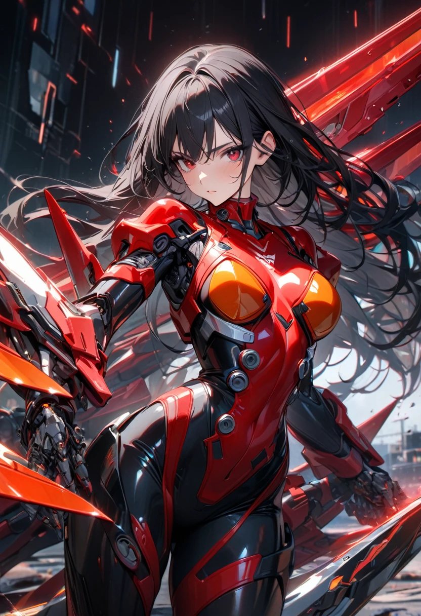 Adult girl, long black hair, red eyes, cyborg, very tight transparent batllesuit, cyber blades on hands, transparent elements, Masterpiece, best quality, Full HD, 8k, ultra details, great graphic