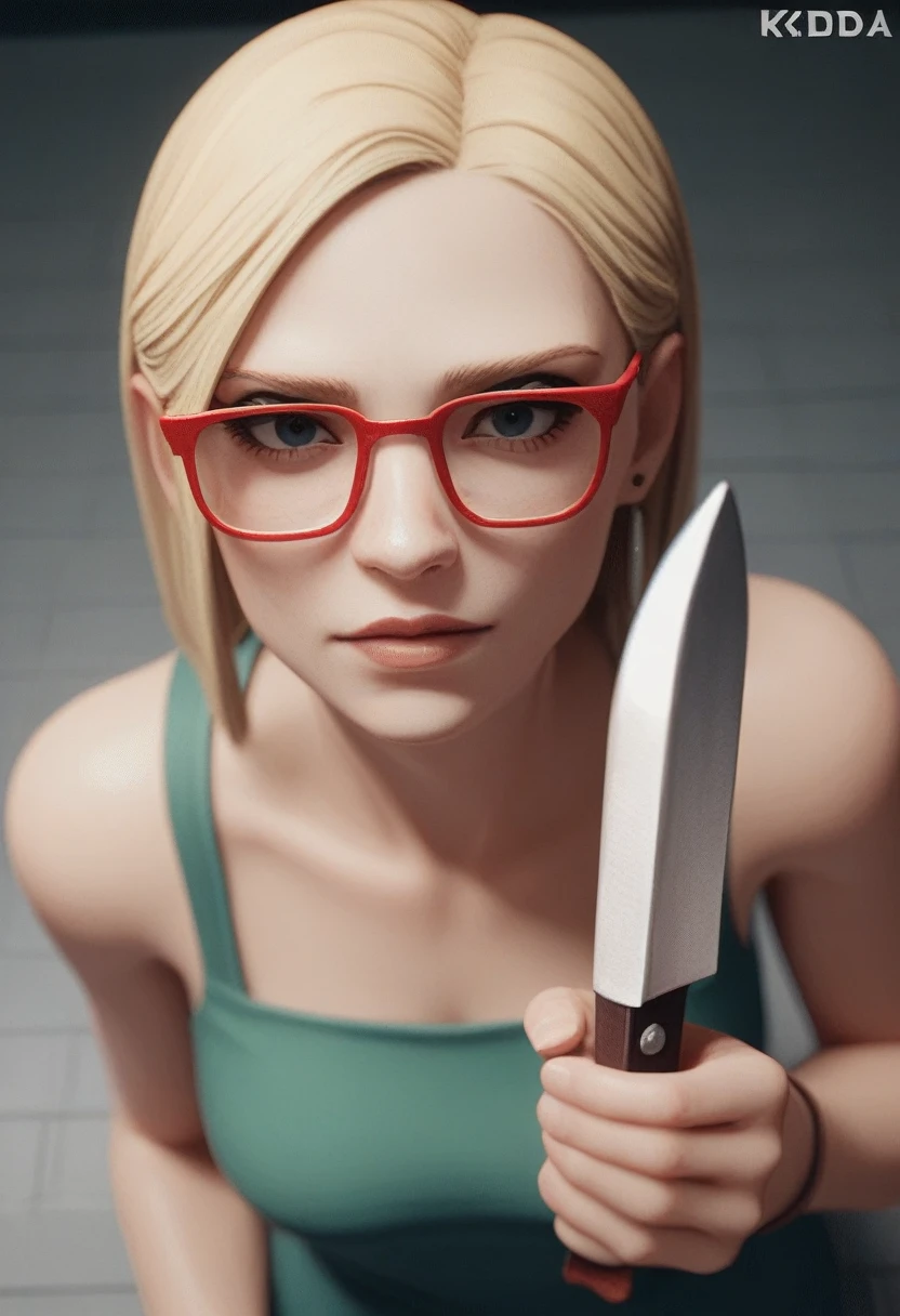 a woman with red glasses, blonde, with fork and knife in hands, view from above, thrill, kda, telegrama design, 3d animated, 3D animated.