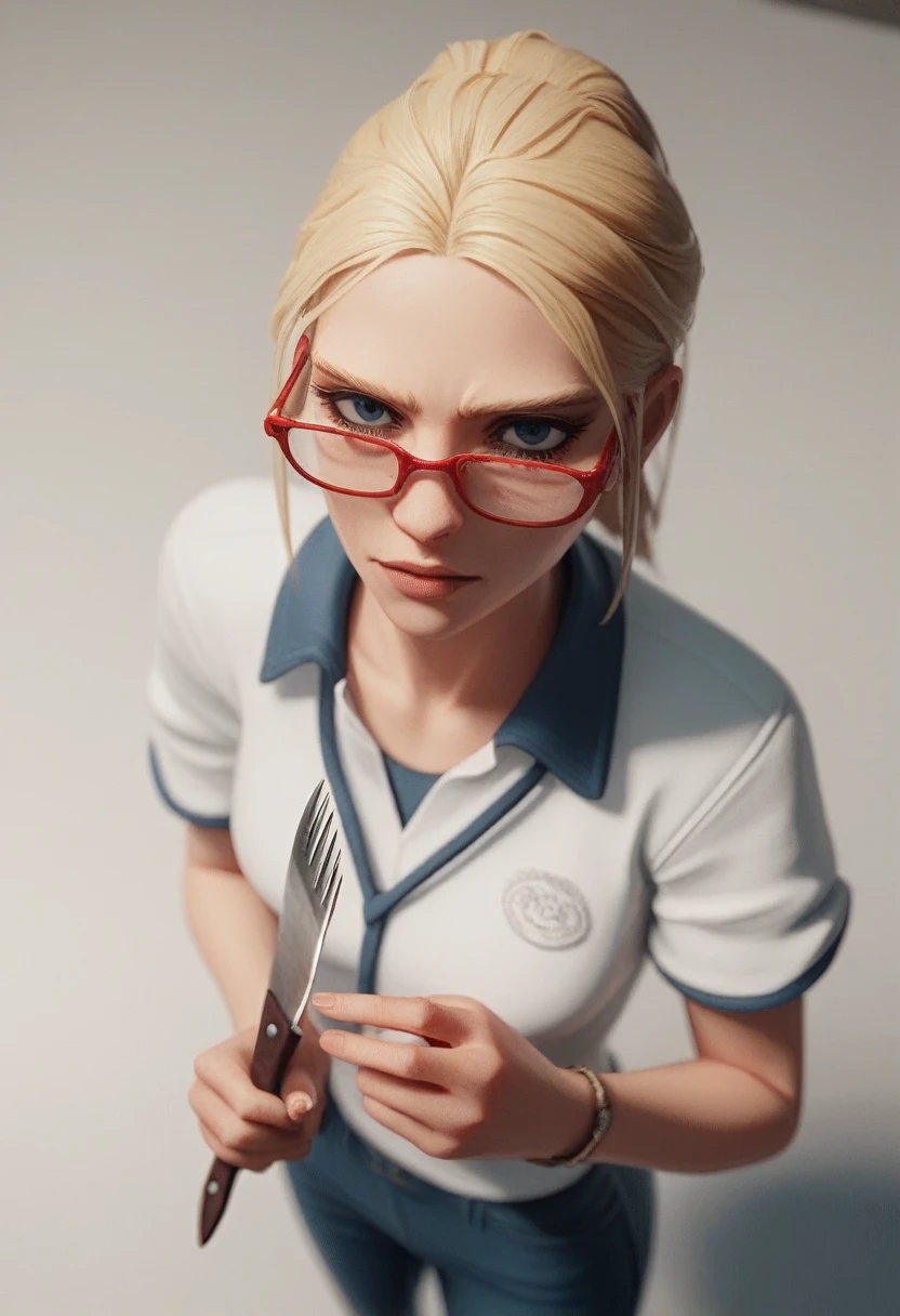 a woman with red glasses, blonde, with fork and knife in hands, view from above, thrill, kda, telegrama design, 3d animated, 3D animated.