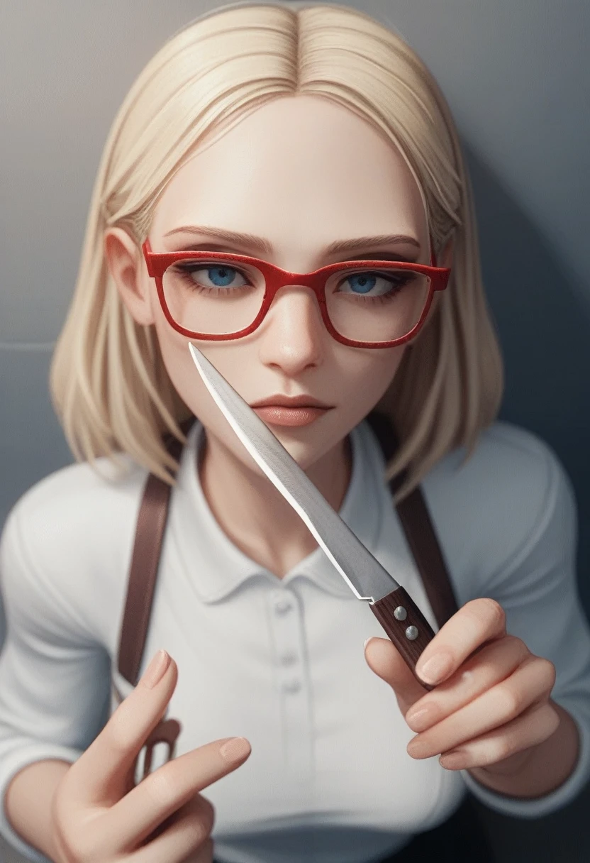 a woman with red glasses, blonde, with fork and knife in hands, view from above, thrill, kda, telegrama design, 3d animated, 3D animated.