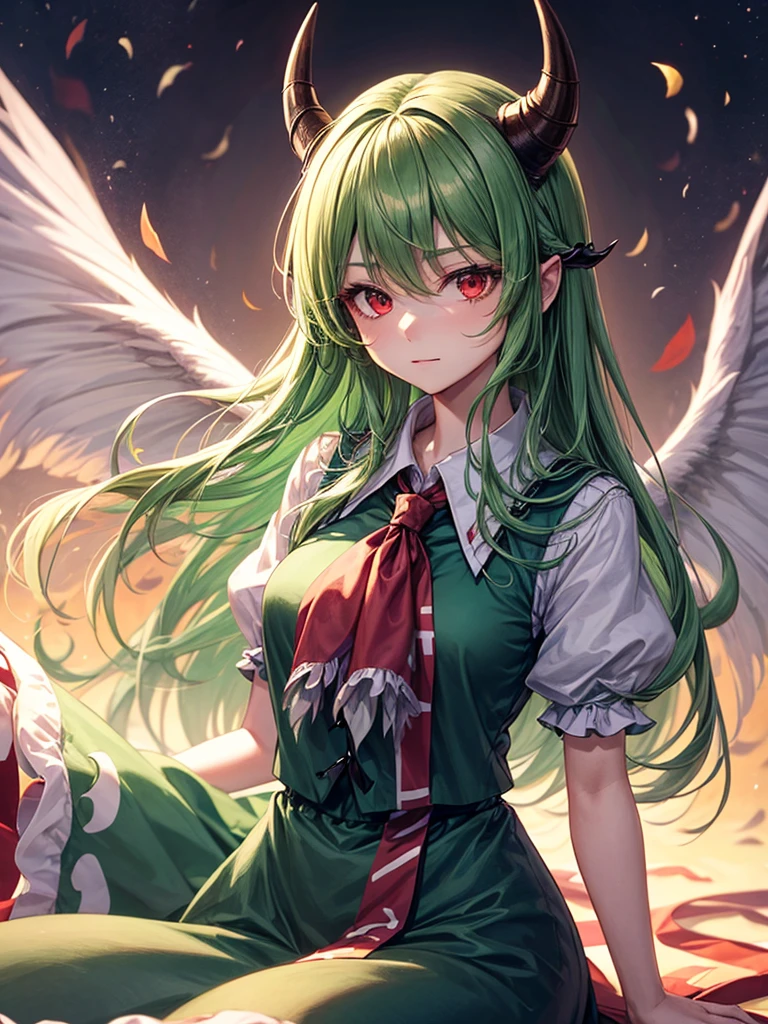1girl, ex-keine (touhou), red eyes, long hair, two-tone hair, white hair, green hair, sidelocks, bangs, horns, green dress, collared dress, puffy short sleeves, red neckerchief, tail, horn bow