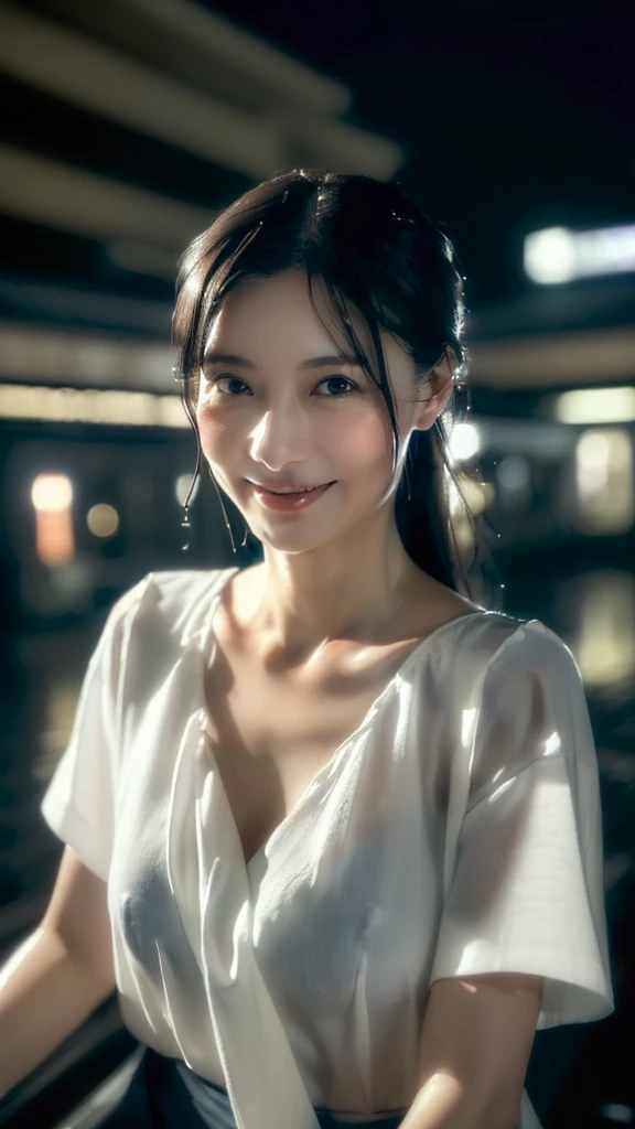 (Very realistic frontal cowboy shot taken by a professional photographer, Seductive pose, 32k, 7 heads、looking at viewer, Staring Intently :1.2),(A pure white, extremely thin fabric business short-sleeved open-neck shirt with a wide V-neck, Soaking wet:1.4)。((Highest quality)), ((masterpiece)), (detailed), (midnight ,A modern train station platform in Tokyo on a dark, pouring, stormy night, Low Key Lighting:1.6)、( A very beautiful, extremely elegant and intelligent 42 year old Japanese woman。Very intelligent and goddess-like face。An extremely elegant, calm and modest smile, Being drunk、My eyes are quite watery、I'm very horny、embarrassed ,blush, Curvy Body:1.7)、A short, well-groomed, shiny black haircut。The skin is white and very smooth。 (A very hot rainy summer night、I'm pretty sweaty、My clothes were soaking wet and transparent、When wet, it sticks perfectly to your skin, revealing your beautiful body lines.、Through the extremely thin fabric, her skin and her navy blue, lacy, high-end underwear are clearly visible.:1.9)。(A long navy pencil skirt with a long slit in the front,The clothes fit the body very well:1.8), (The line of the chest, collarbone and décolletage are extremely beautiful.:1.9)。She is looking straight at the camera with a very shy look on her face.。Light makeup and no piercings,A simple and modest pearl necklace、Holding tightly to the groin with both hands、large chests