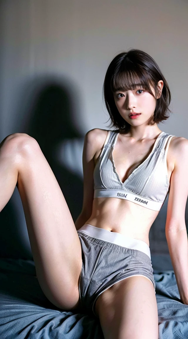 (((White sports bra with grey lines,Small breasts,Spread your legs,Amorous))),((Japanese,woman,cute)),(clean,short hair),(Highest quality,masterpiece:1.3,Ultra-high resolution),(Super detailed,Caustics),(Realistic:1.4,RAW shooting,)Ultra-Realistic Capture,Very detailed,High resolution 16K resolution