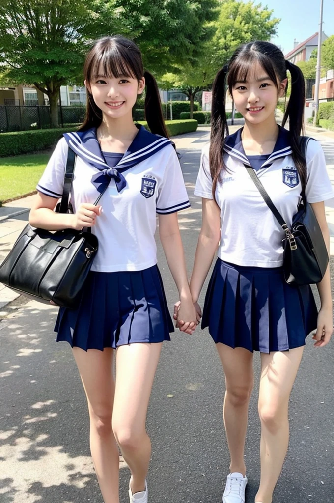 2 girls walking in sunny school yard,navy blue school swimsuit with camisole straps and white trim,student bag,BREAK,sailor shirt,BREAK,18-year-old,bangs,a little smile,thighs,knees,short hair with low pigtails bunches,from before,front light