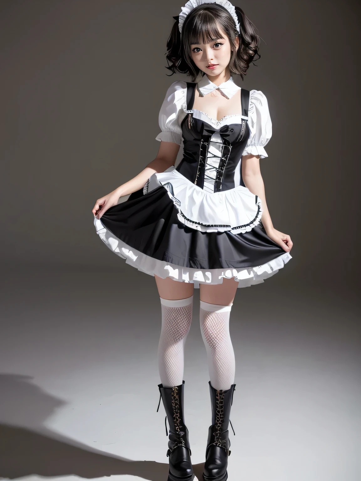 Short Bob、(Full body portrait:1.5)、13歳に見えるVery childishの20歳、Very childish、Slim and flat chested、Small breasts、Highest quality,masterpiece,Ultra-high resolution,(Actual:1.4),Original photo,Ultra-high resolution，8K，There are women，Gothic ta Uniform、Maid Costume Cosplay、White Background、With confidence, Beautiful and generous，Studio Photo Session、Lifting her skirt to show her panties、