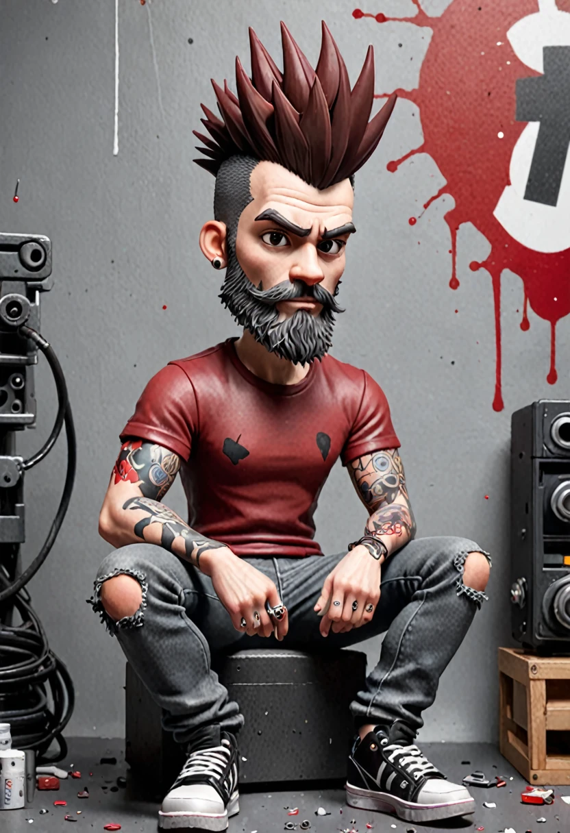 Create a 3D illustration of a male character with a mohawk, dark brown hair color. He has white skin with a dark red beard and a slightly square face.. Create a background with shades of gray and splashes of red paint, sitting on top of the 3D Instagram logo. The character must have black clothes, Jeans ripped at the knee. Holding a tattoo machine. The background of the image is an Instagram profile page with username OthO Tattoo
