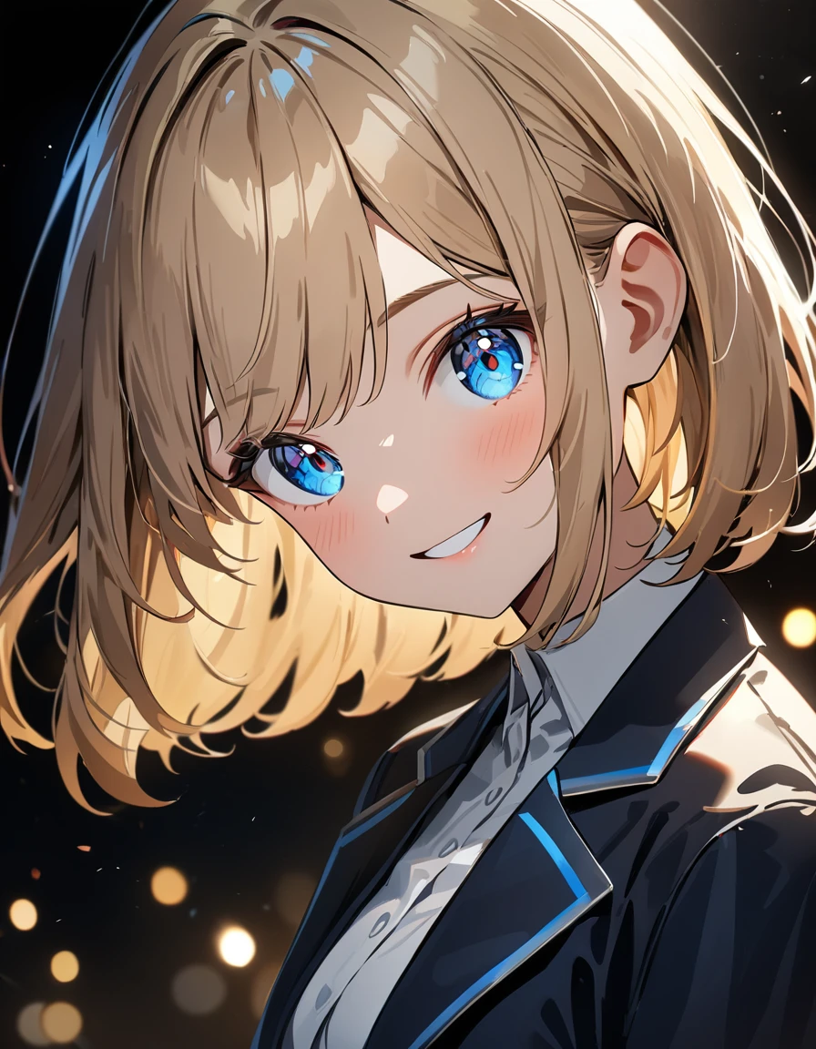 (((One girl))), blond hair, bob cut, (upper body), (looking at viewer), breasts, teenager, head tilt:1.3, (((blue eye))), (from side), ((happy smile)), white shirt, blazer, black skirt, anime style, (best quality, 4k, 8k, highres, masterpiece:1.2, ultra-detailed, ultra-detailed eyes, HDR, UHD, studio lighting, ultra-fine painting, sharp focus, physically-based rendering, extreme detail description, professional, vivid colors, bokeh)