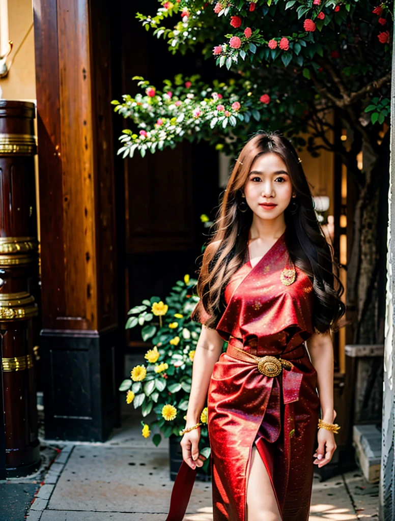 (8k,masterpiece,hi ultra res, realistic :1.3), best quality, portrait , realistic, focus face, 1 woman, brown long hair, thai traditional dress , ( red sabai:1.2), temple background, (breeze:1.2),(sun lighting:1.2)