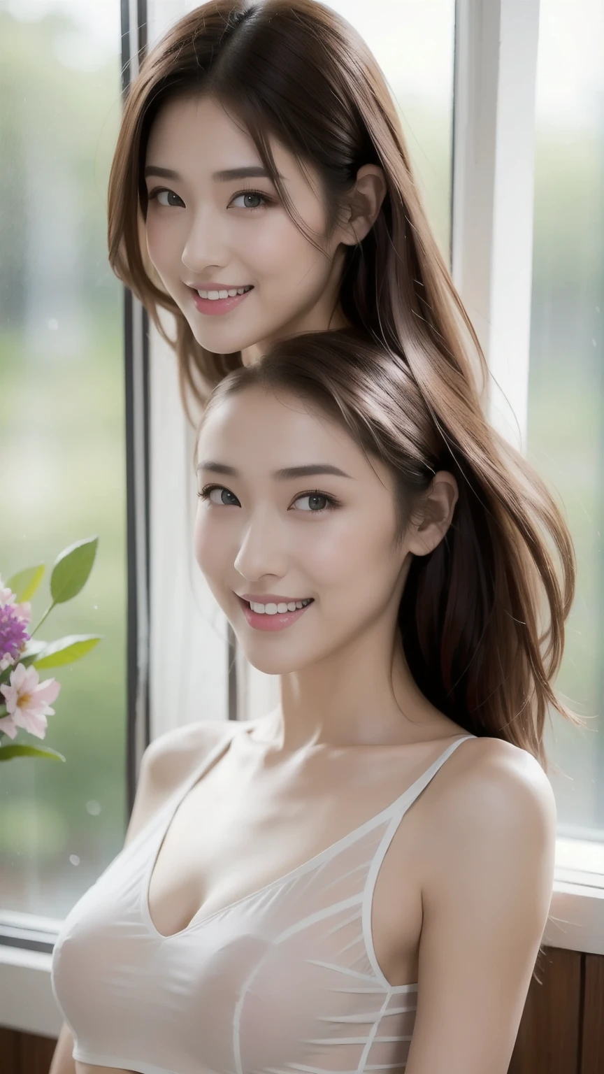 Fashion model 20 years old [[[[close up]]]], [[[[neck]]]], [[[[Shoulder]]]], Perfect eyes, Perfect Iris，Perfect lips，Perfect Teeth，Perfect skin，White skin，Soft headlight，High-density imaging review，Black long hair，（Face is clear and delicate），((Casual wear))，((Sexy))，((Smile))，((Background is indoor))，((There are green trees and flowers outside the window))，best quality，masterpiece，（Soft colors：1.2）